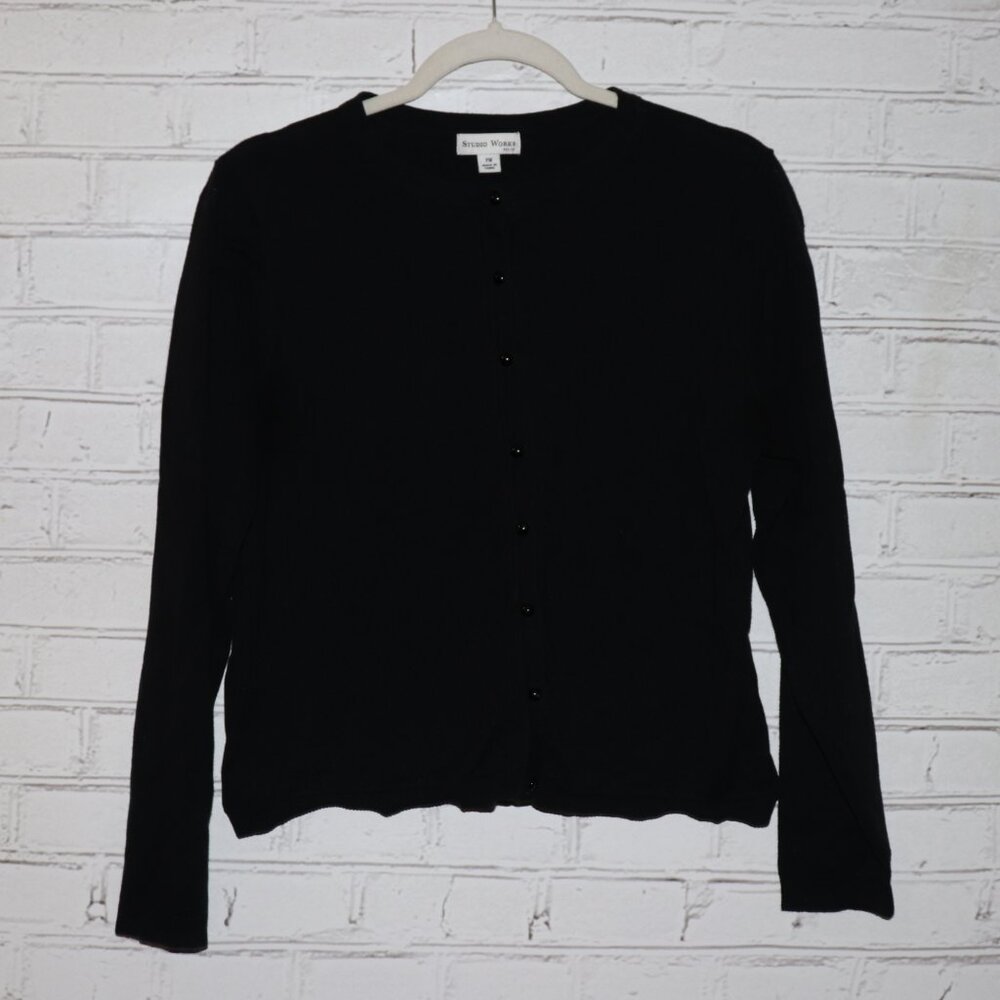 🖤✨ Studio Works Petite Black Button‑Down Sweater · Women’s Petite Medium ·